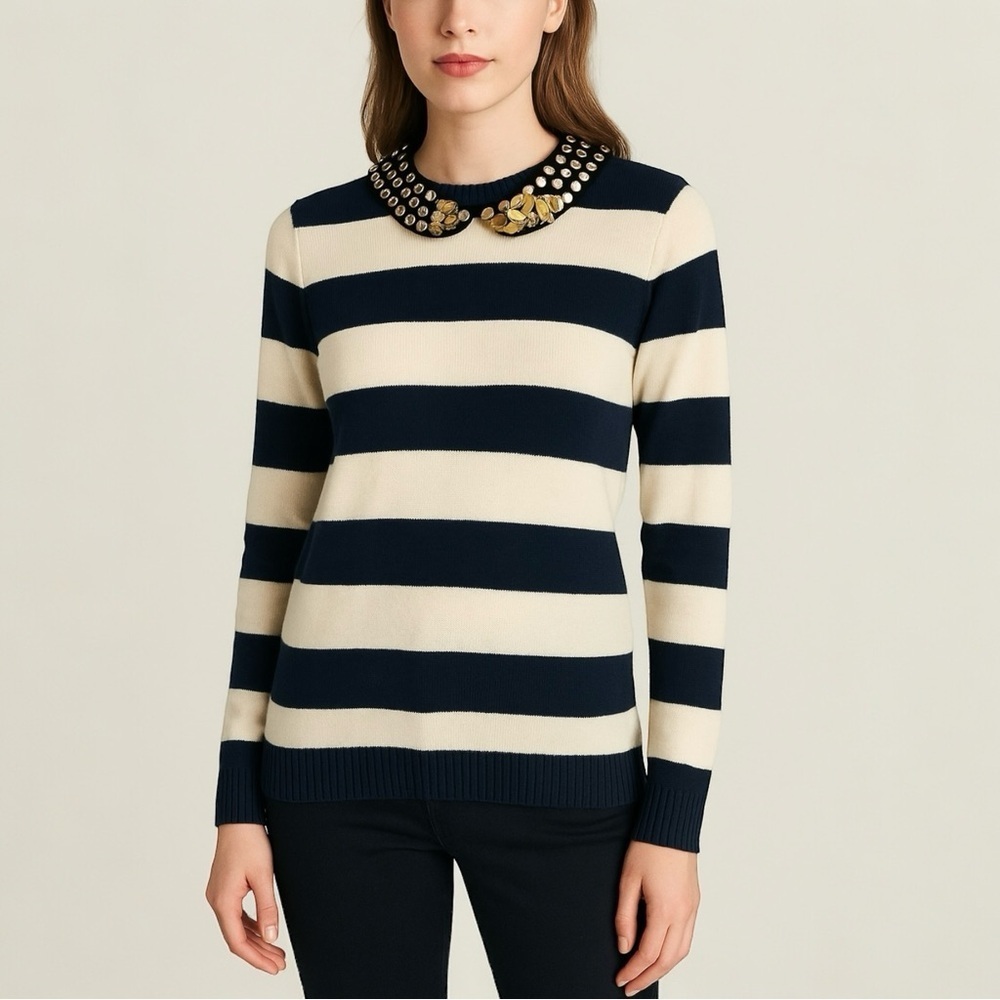 GRYPHON NEW YORK‎ Navy Stripe Wool Sweater With Metallic Peter Pan Collar